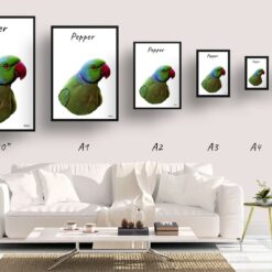 Custom Bird painting portrait print - Framed & un-framed personalised portrait of your pet 20 personalised pet portrait prints bird painting white print size comparison