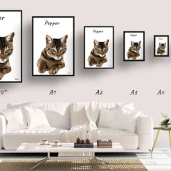 personalised pet portrait prints cat illustration white print size comparison