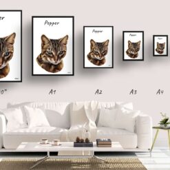 personalised pet portrait prints cat painting white print size comparison