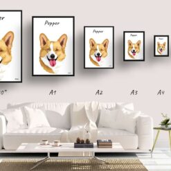 Custom Dog illustration portrait print - Framed & un-framed personalised portrait of your pet 21 personalised pet portrait prints dog illustration white print size comparison