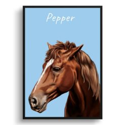 Custom Horse painting portrait print - Framed & un-framed personalised portrait of your pet 30 personalised pet portrait prints horse painting light blue