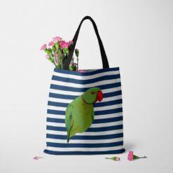 personalised pet portrait travel tote bird illustration nautical stripes tote carnations
