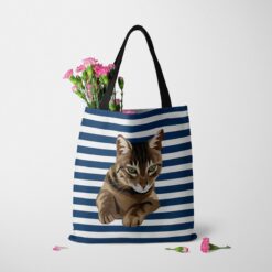 personalised pet portrait travel tote cat illustration nautical stripes tote carnations