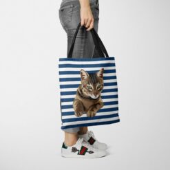 personalised pet portrait travel tote cat illustration nautical stripes tote jeans