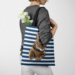 personalised pet portrait travel tote cat illustration nautical stripes tote jumper walking