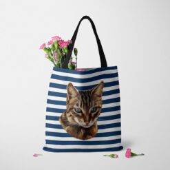 Custom cat painting portrait tote bag - Travel collection personalised portrait of your pet from a photo 24 personalised pet portrait travel tote cat painting nautical stripes tote carnations