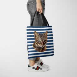 Custom cat painting portrait tote bag - Travel collection personalised portrait of your pet from a photo 22 personalised pet portrait travel tote cat painting nautical stripes tote jeans