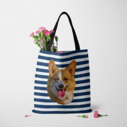 personalised pet portrait travel tote dog painting nautical stripes tote carnations