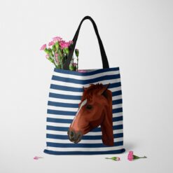 Custom Horse illustration portrait tote bag - Travel collection personalised portrait of your pet from a photo 24 personalised pet portrait travel tote horse illustration nautical stripes tote carnations
