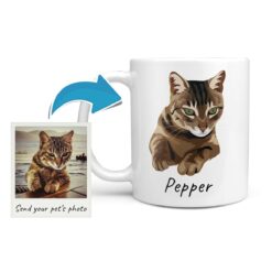 Custom cat illustration portrait mug - Personalised coffee mug portrait of your pet from a photo