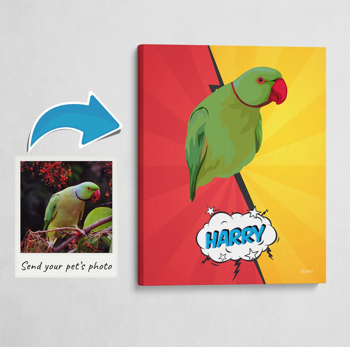Custom Pop Art Style Bird Portrait - Pet illustration from photo - Red yellow split Canvas 3 Custom Pop Art Style Bird Portrait - Pet illustration from photo - Red yellow split Canvas
