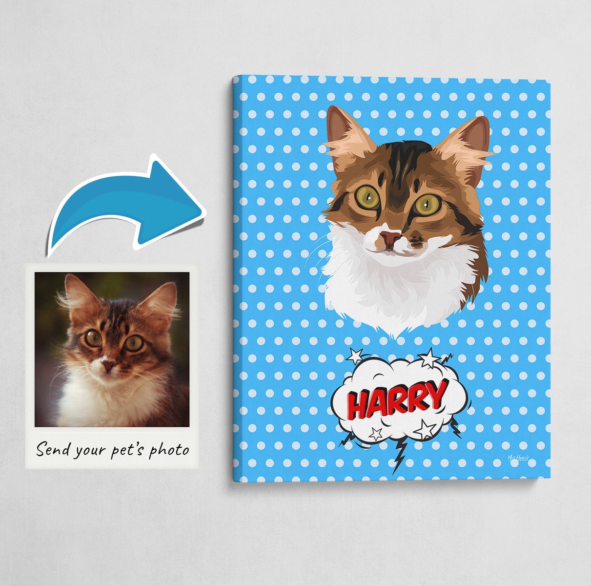 Custom Pop Art Style Cat Portrait - Pet illustration from photo - Blue dots Canvas 3 Custom Pop Art Style Cat Portrait - Pet illustration from photo - Blue dots Canvas