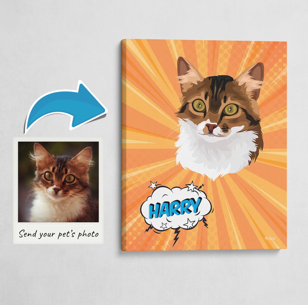 Custom Pop Art Style Cat Portrait - Pet illustration from photo - Orange blast Canvas 3 Custom Pop Art Style Cat Portrait - Pet illustration from photo - Orange blast Canvas