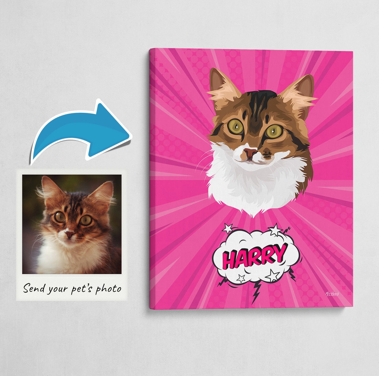 Custom Pop Art Style Cat Portrait - Pet illustration from photo - Pink blast Canvas 3 Custom Pop Art Style Cat Portrait - Pet illustration from photo - Pink blast Canvas