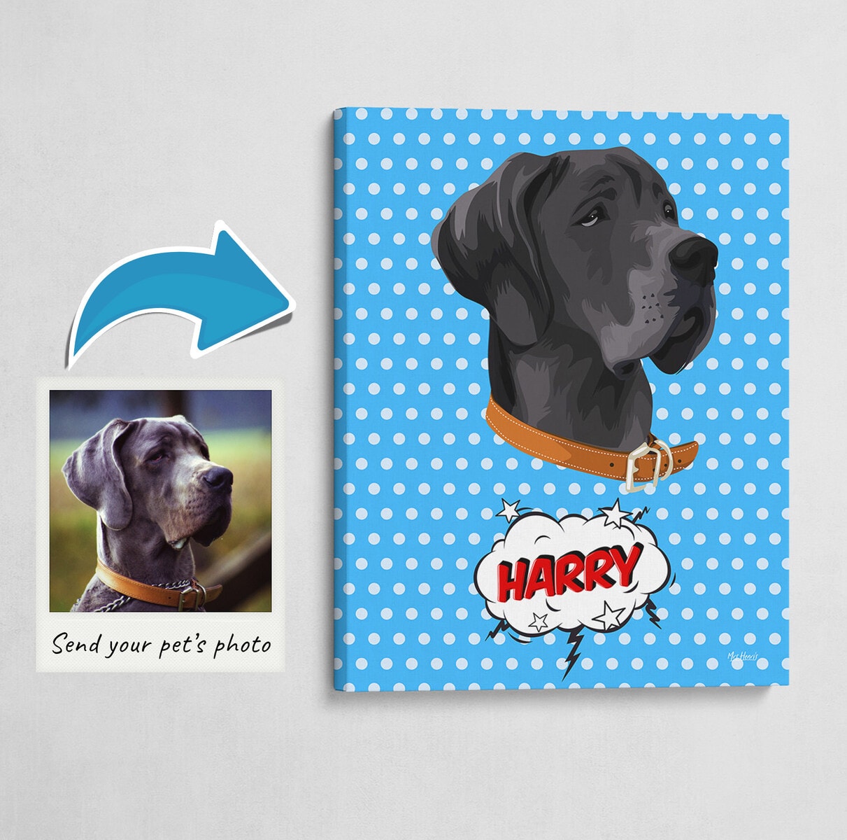 Custom Pop Art Style Dog Portrait - Pet illustration from photo - Blue dots Canvas 3 Custom Pop Art Style Dog Portrait - Pet illustration from photo - Blue dots Canvas