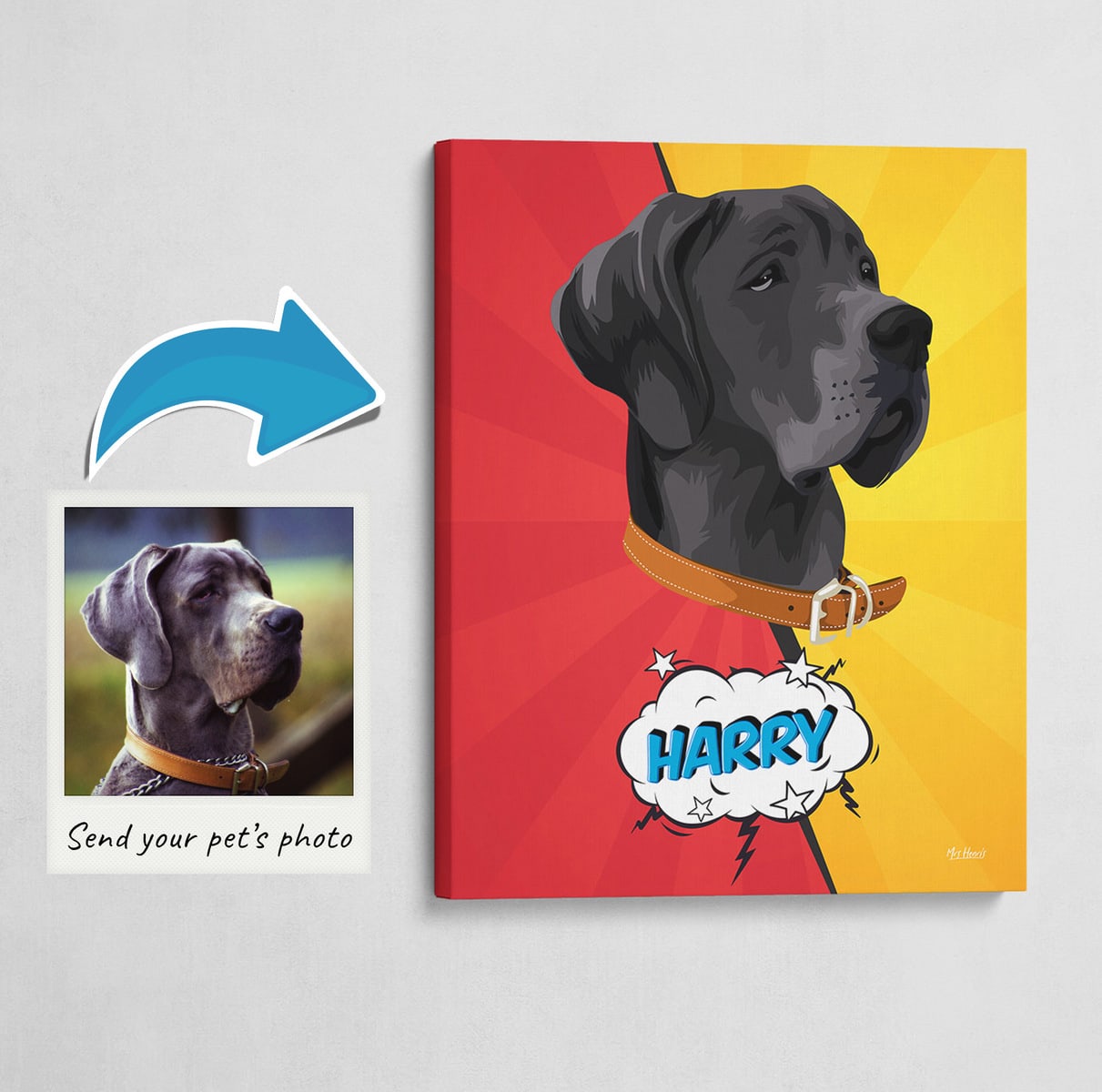 Custom Pop Art Style Dog Portrait - Pet illustration from photo - Red yellow split Canvas 3 Custom Pop Art Style Dog Portrait - Pet illustration from photo - Red yellow split Canvas