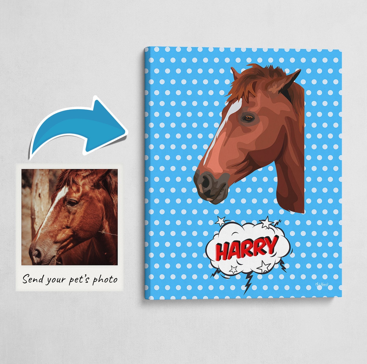 Custom Pop Art Style Horse Portrait - Pet illustration from photo - Blue dots Canvas 3 Custom Pop Art Style Horse Portrait - Pet illustration from photo - Blue dots Canvas