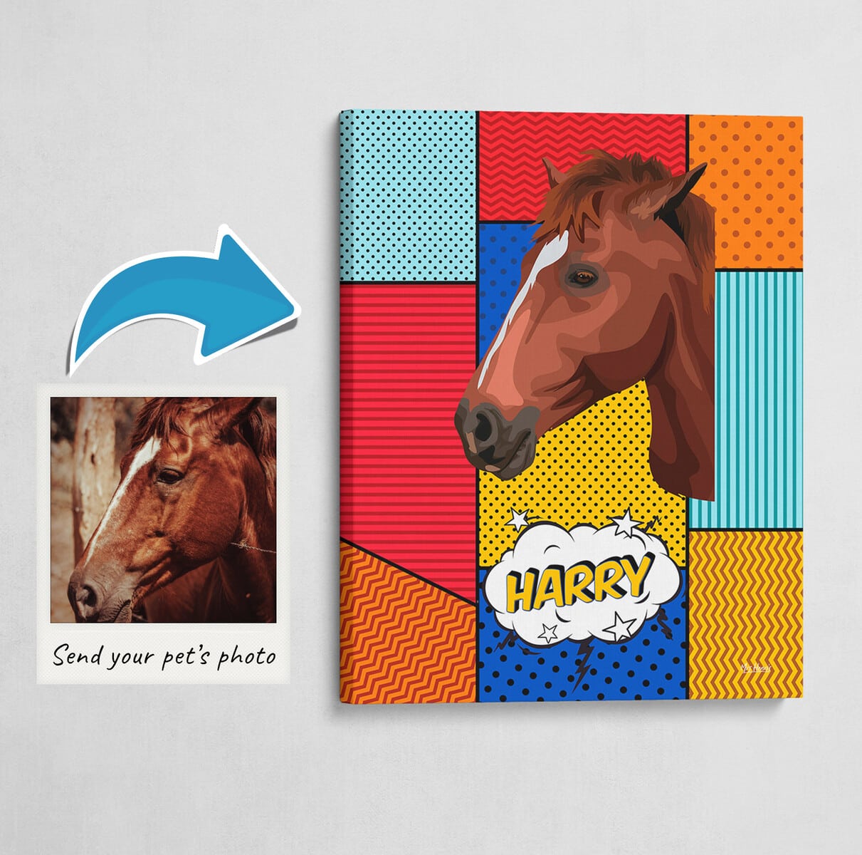 Custom Pop Art Style Horse Portrait - Pet illustration from photo - Patchwork Canvas 3 Custom Pop Art Style Horse Portrait - Pet illustration from photo - Patchwork Canvas