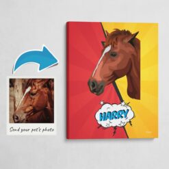Custom Pop Art Style Horse Portrait -  Pet illustration from photo - Red yellow split Canvas