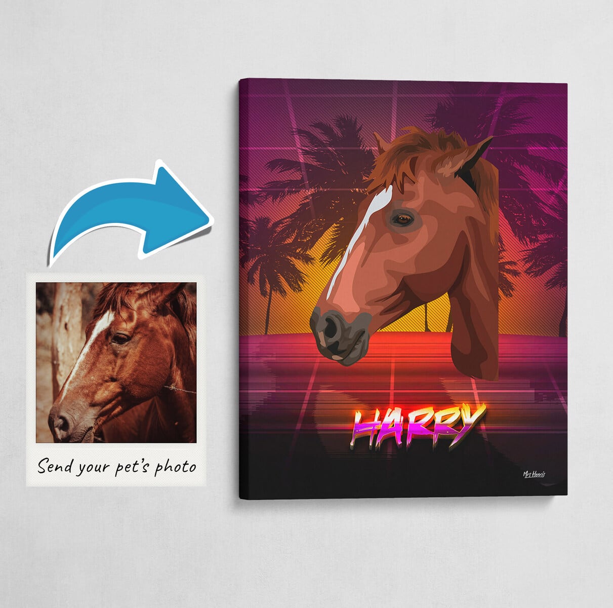 Custom Retro Arcade Style Horse Portrait - Pet illustration from photo - California Canvas 3 Custom Retro Arcade Style Horse Portrait - Pet illustration from photo - California Canvas