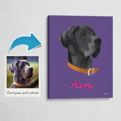 Custom Mid Century Retro Style Dog Portrait -  Pet illustration from photo - Deep Purple Canvas