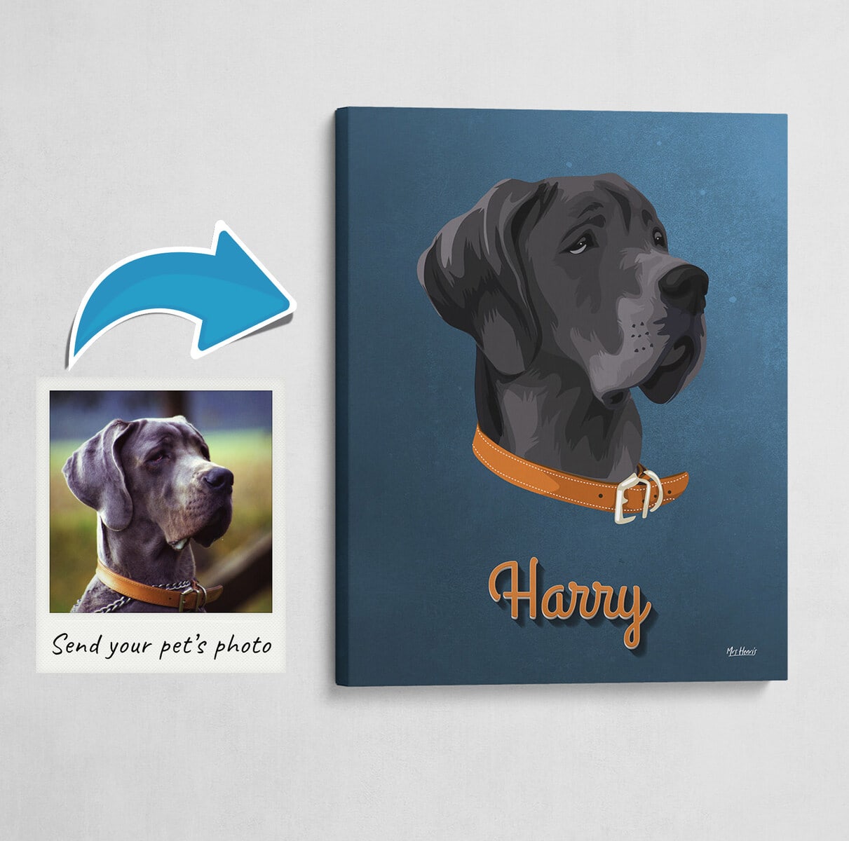 Custom Mid Century Retro Style Dog Portrait - Pet illustration from photo - Rustic Blue Canvas 3 Custom Mid Century Retro Style Dog Portrait - Pet illustration from photo - Rustic Blue Canvas
