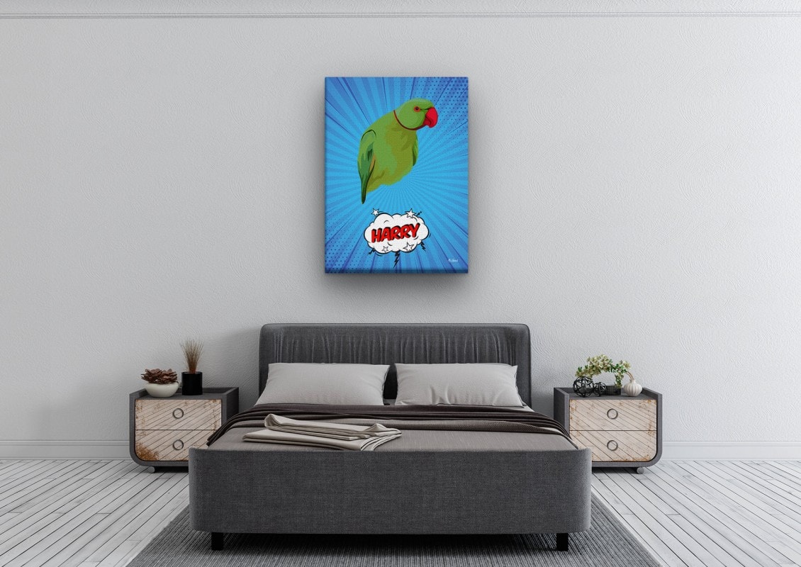 pop art pet portrait illustrations bird blue blast bedroom