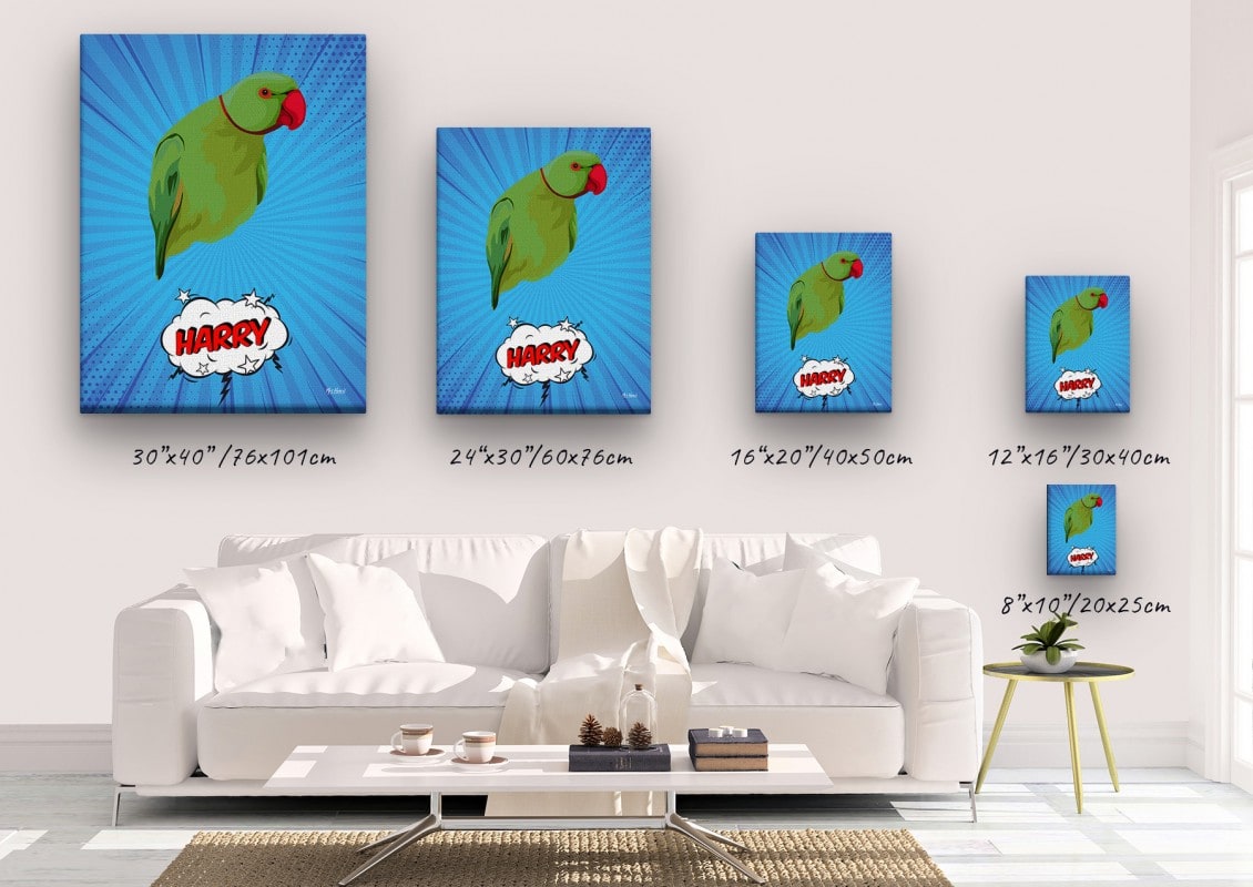 pop art pet portrait illustrations bird blue blast canvas size comparison