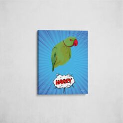 pop art pet portrait illustrations bird blue blast front view angled wall