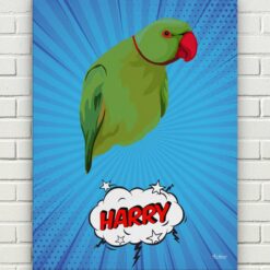pop art pet portrait illustrations bird blue blast front view white bricks