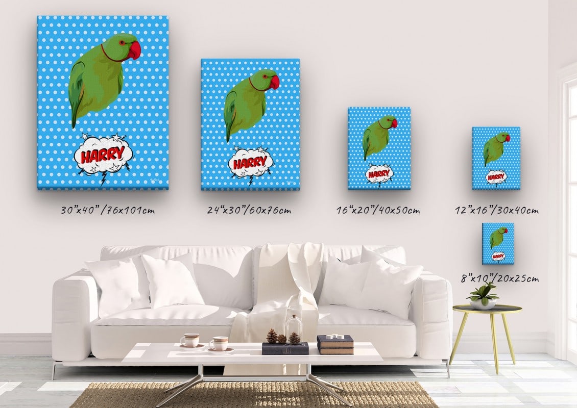 Custom Pop Art Style Bird Portrait - Pet illustration from photo - Blue dots Canvas 23 pop art pet portrait illustrations bird blue dots canvas size comparison