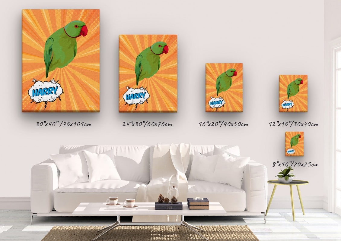 Custom Pop Art Style Bird Portrait - Pet illustration from photo - Orange blast Canvas 23 pop art pet portrait illustrations bird orange blast canvas size comparison
