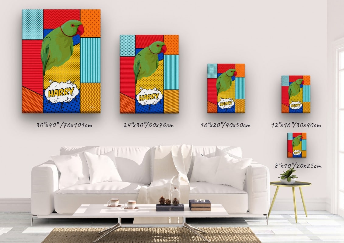 pop art pet portrait illustrations bird patchwork canvas size comparison