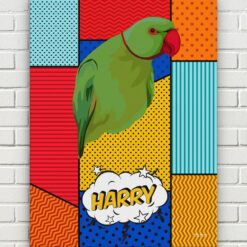 pop art pet portrait illustrations bird patchwork front view white bricks