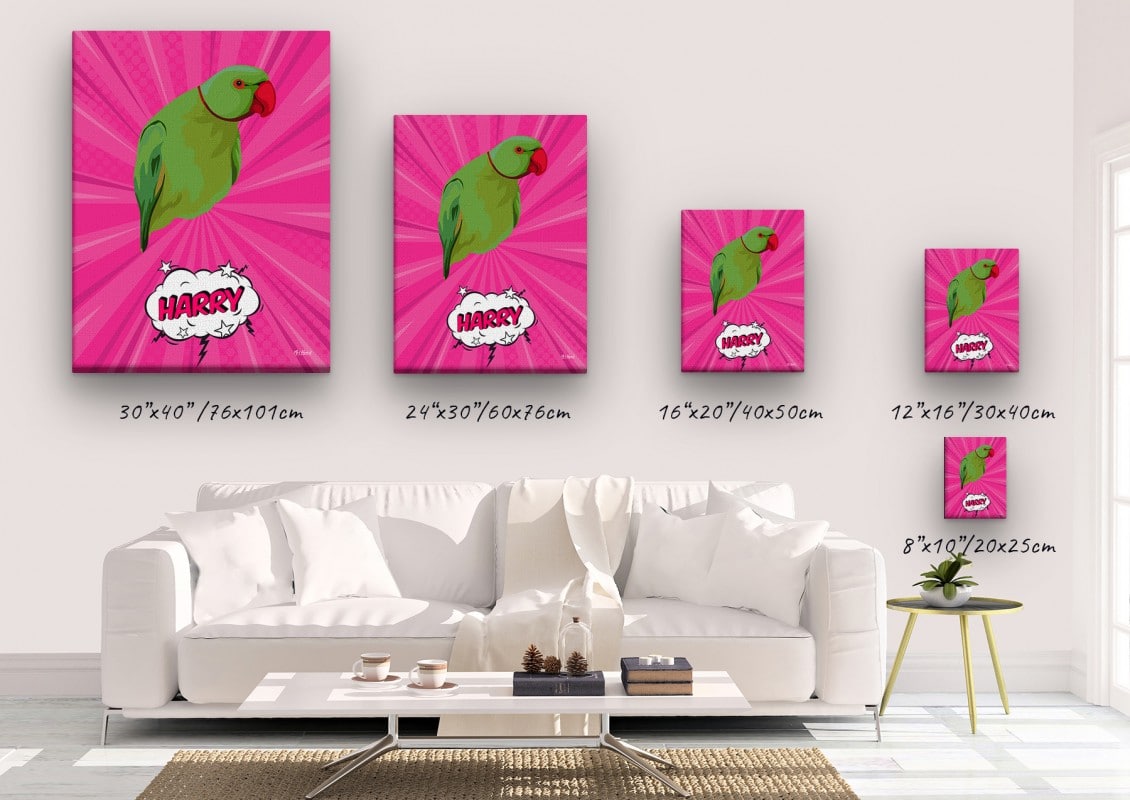 pop art pet portrait illustrations bird pink blast canvas size comparison