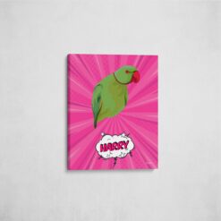 pop art pet portrait illustrations bird pink blast front view angled wall