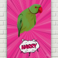 pop art pet portrait illustrations bird pink blast front view white bricks