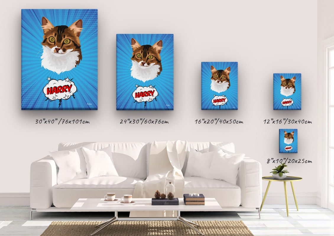 Custom Pop Art Style Cat Portrait - Pet illustration from photo - Blue blast Canvas 23 pop art pet portrait illustrations cat blue blast canvas size comparison