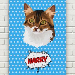 Custom Pop Art Style Cat Portrait - Pet illustration from photo - Blue dots Canvas 17 pop art pet portrait illustrations cat blue dots front view white bricks
