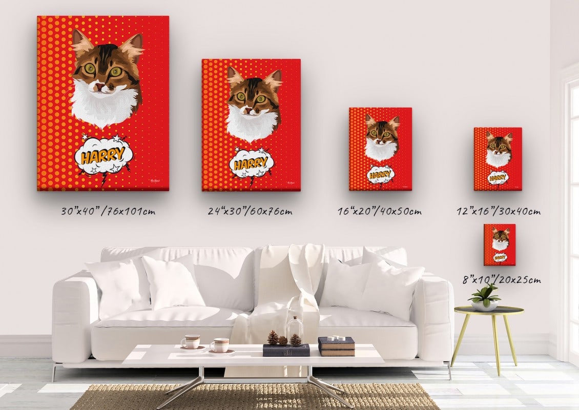 pop art pet portrait illustrations cat dash canvas size comparison