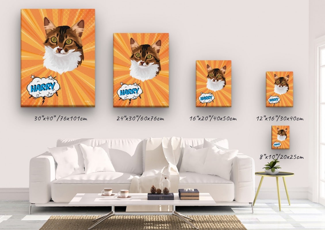 Custom Pop Art Style Cat Portrait - Pet illustration from photo - Orange blast Canvas 23 pop art pet portrait illustrations cat orange blast canvas size comparison