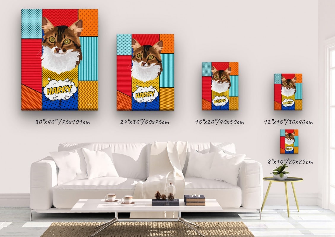 Custom Pop Art Style Cat Portrait - Pet illustration from photo - Patchwork Canvas 21 pop art pet portrait illustrations cat patchwork canvas size comparison