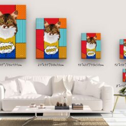Custom Pop Art Style Cat Portrait - Pet illustration from photo - Patchwork Canvas 12 pop art pet portrait illustrations cat patchwork canvas size comparison