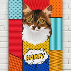 Custom Pop Art Style Cat Portrait - Pet illustration from photo - Patchwork Canvas 15 pop art pet portrait illustrations cat patchwork front view white bricks