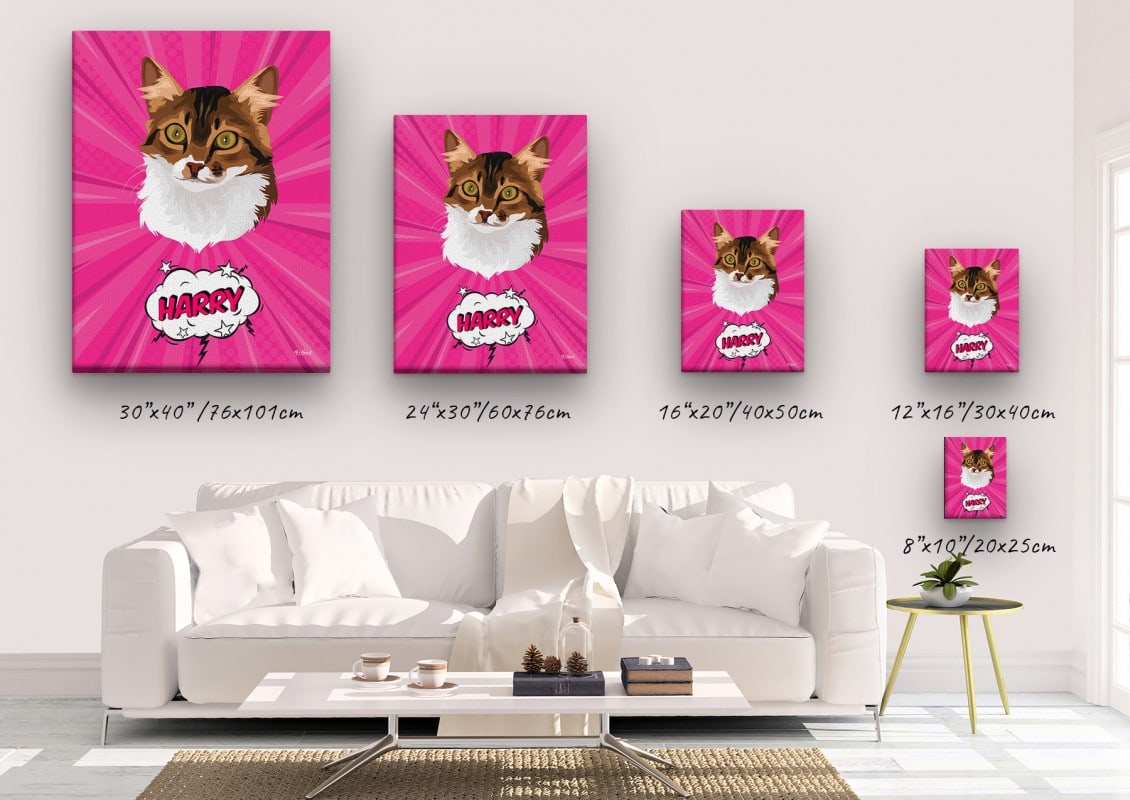 Custom Pop Art Style Cat Portrait - Pet illustration from photo - Pink blast Canvas 23 pop art pet portrait illustrations cat pink blast canvas size comparison