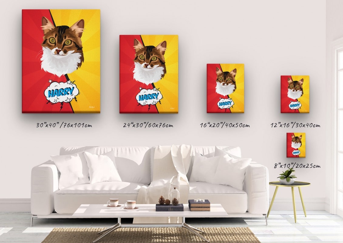 Custom Pop Art Style Cat Portrait - Pet illustration from photo - Red yellow split Canvas 23 pop art pet portrait illustrations cat red yellow split canvas size comparison