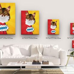 Custom Pop Art Style Cat Portrait - Pet illustration from photo - Red yellow split Canvas 14 pop art pet portrait illustrations cat red yellow split canvas size comparison