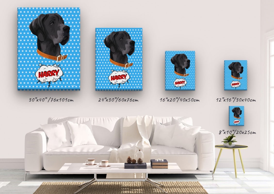 Custom Pop Art Style Dog Portrait - Pet illustration from photo - Blue dots Canvas 23 pop art pet portrait illustrations dog blue dots canvas size comparison