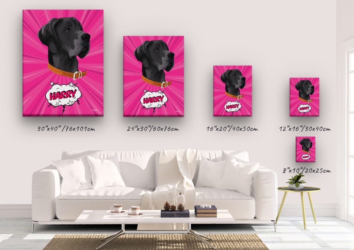 Custom Pop Art Style Dog Portrait - Pet illustration from photo - Pink blast Canvas 23 pop art pet portrait illustrations dog pink blast canvas size comparison