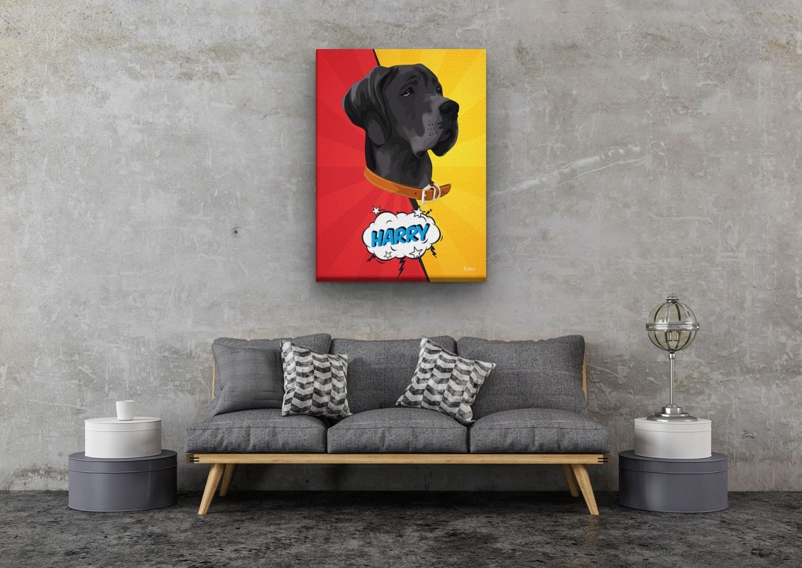 pop art pet portrait illustrations dog red yellow split living room
